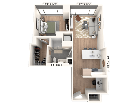 Floor plan for 1 bed, 1 bath, 738 sqft